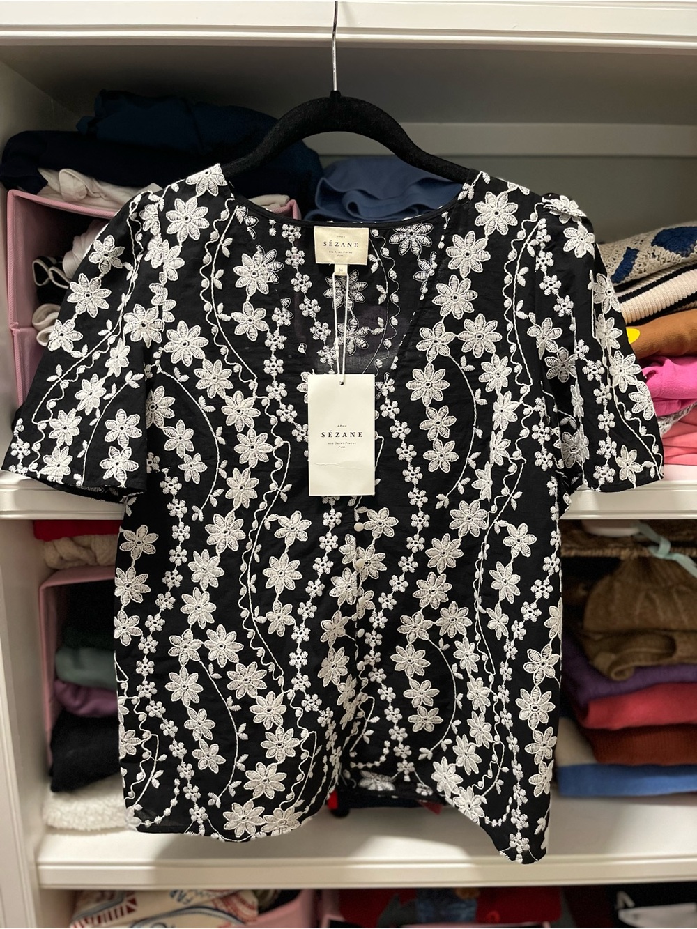 Sezane Black Blouse with White Floral Embroidery - Picture 7 of 9
